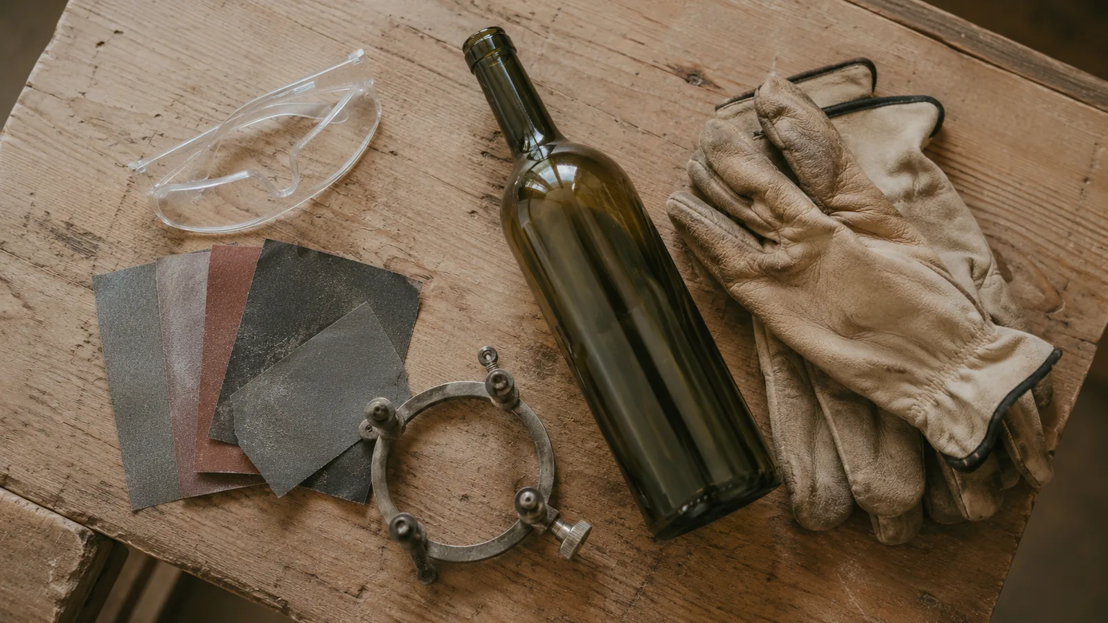 Werkzeug für Weinflaschen-DIY auf Holzwerkbank: Diamantbohrer, Flaschenschneider, Schleifpapier, Schutzbrille, Akkuschrauber und Schnittschutzhandschuhe