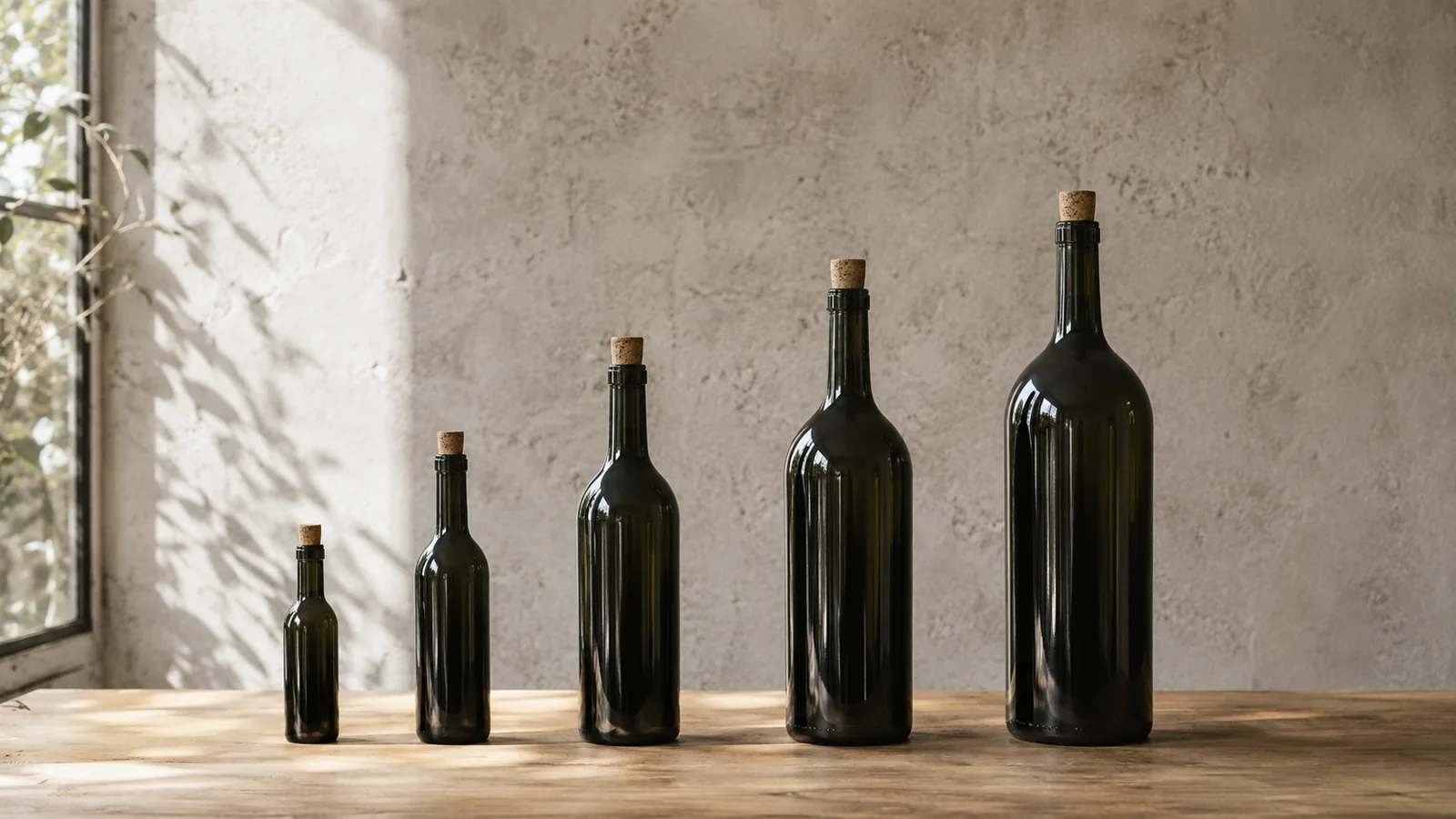 Acht Weinflaschen in aufsteigender Größe nebeneinander auf Eichentisch: Piccolo, Demi, Standard, Magnum, Doppelmagnum, Jéroboam, Imperiale und Salmanazar