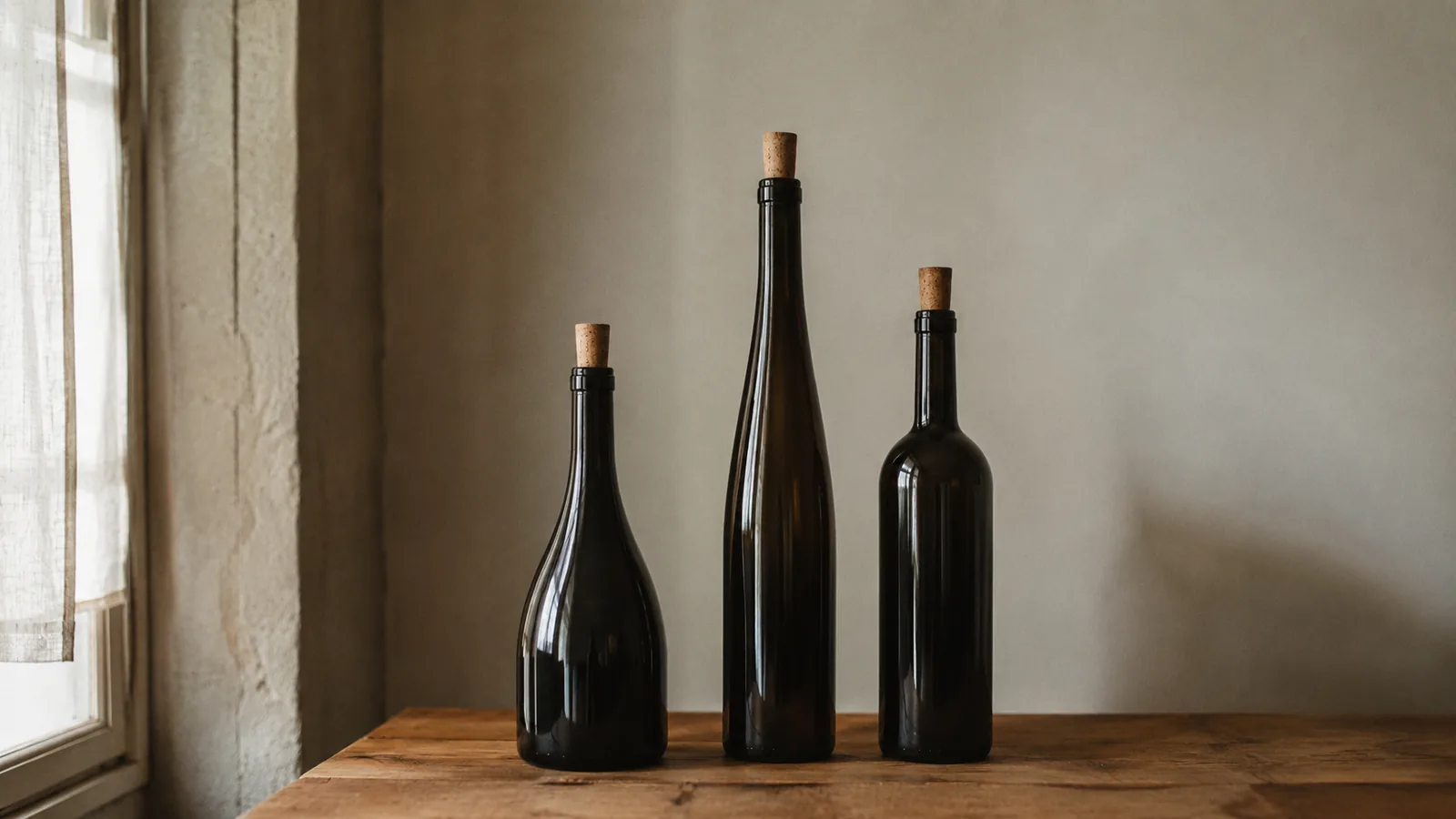Vier Weinflaschen nebeneinander, von links: Bocksbeutel, Bordeaux, Burgunder, Schlegel Riesling