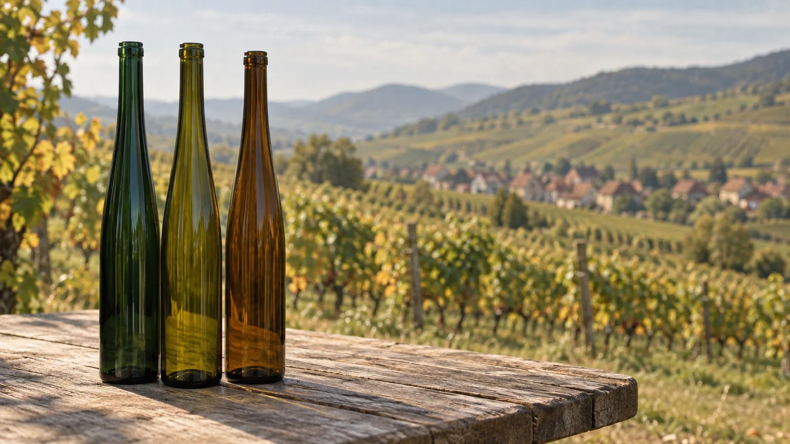 Drei schlanke Flûte-Weinflaschen in dunkelgrünem, olivgrünem und braunem Glas auf einem Holztisch am Rand eines Weinbergs
