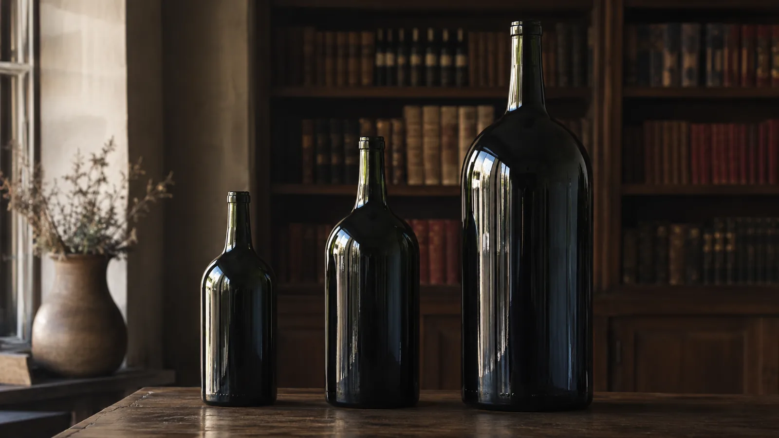 Magnum, Doppelmagnum und Methusalem Bordeaux-Flaschen nebeneinander auf Eichentisch