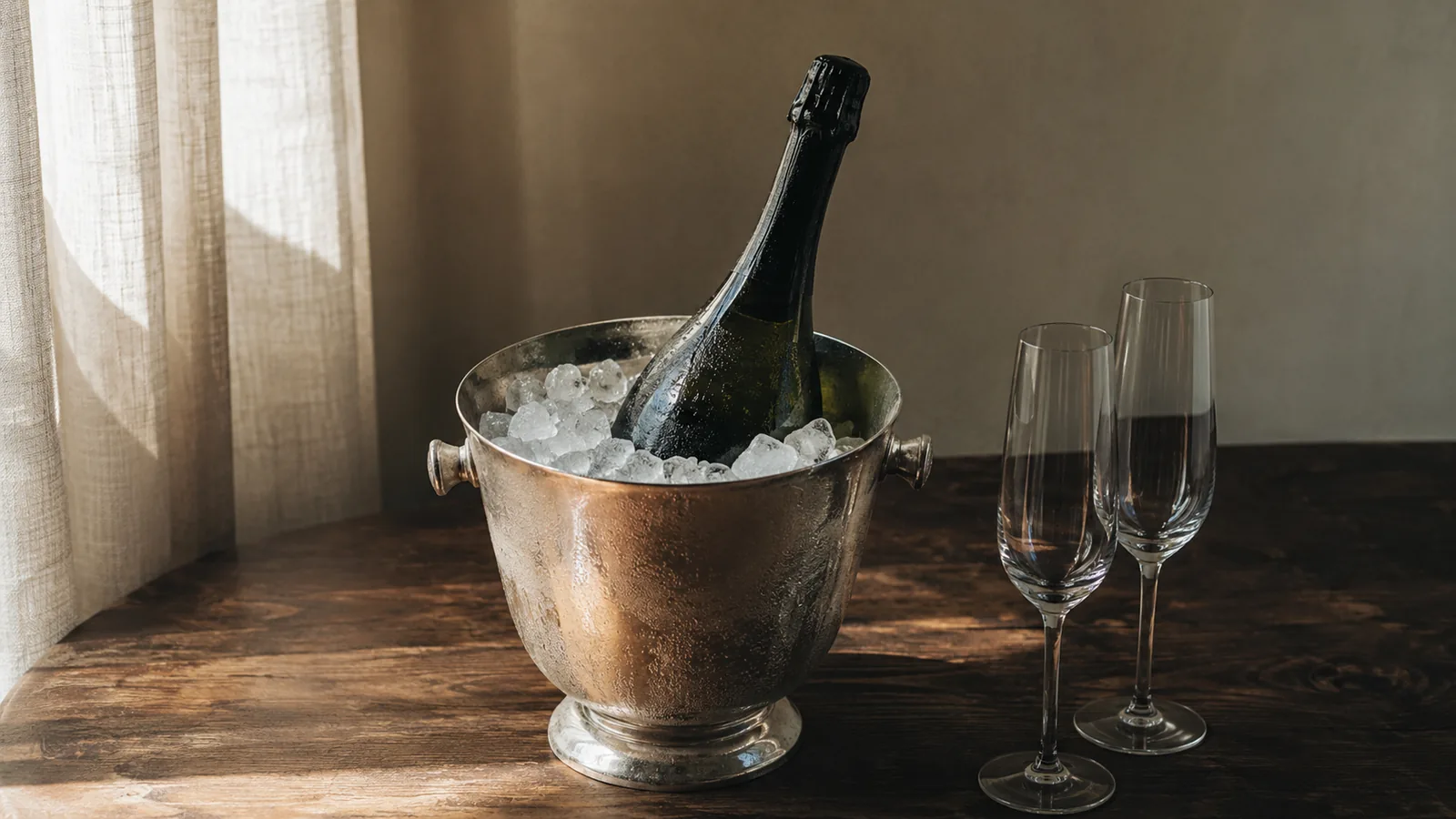 Magnum-Flasche Champagner im silbernen Sektkühler mit Eis, daneben zwei Champagner-Flöten und Stoffserviette auf weißer Tischdecke