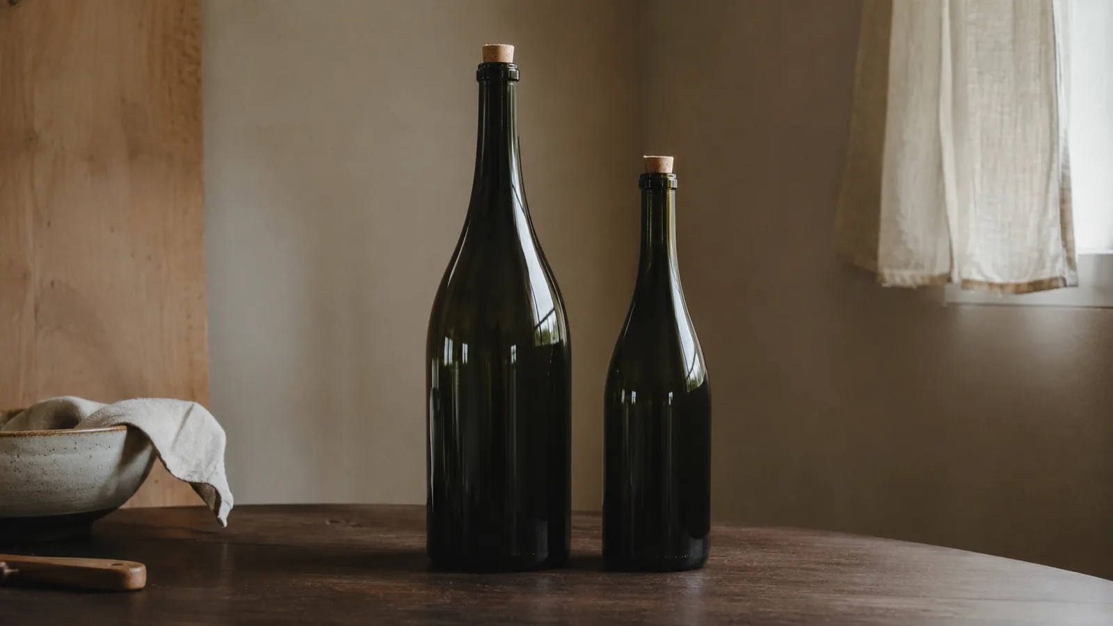 Magnum 1,5 Liter und Standardflasche 0,75 Liter Bordeaux nebeneinander auf Eichentisch