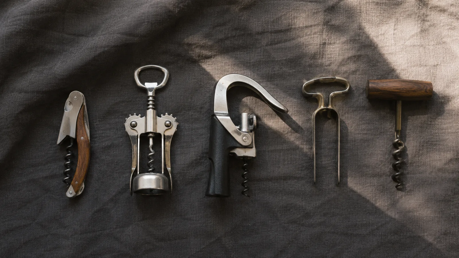 Fünf Korkenziehertypen nebeneinander: Kellnermesser, Schmetterling, Screwpull, Elektrokorkenzieher, Korkenspange