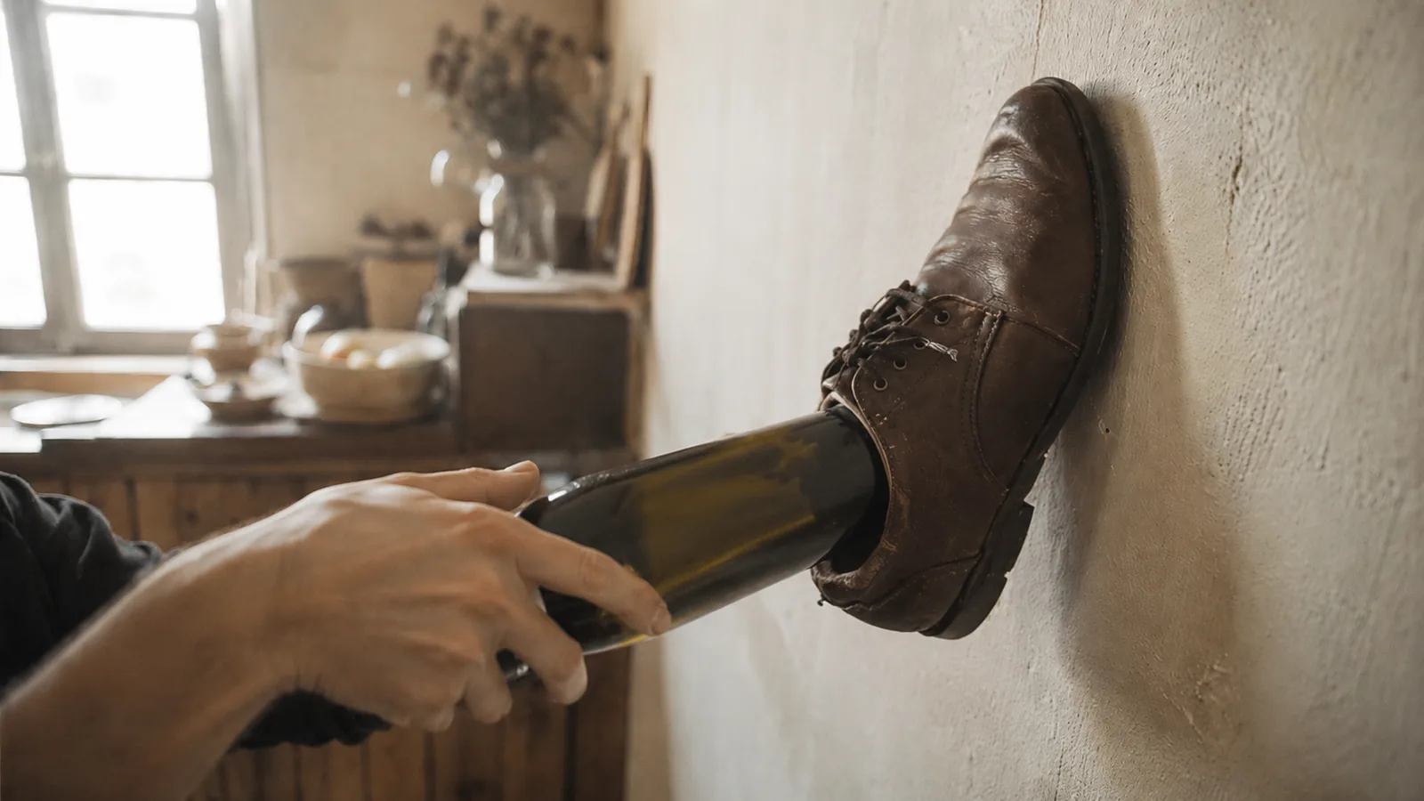 Vier Schritte der Schuh-Methode: Flasche in den Schuh stecken, gegen die Wand schlagen, Korken kommt langsam heraus, Korken mit der Hand abziehen