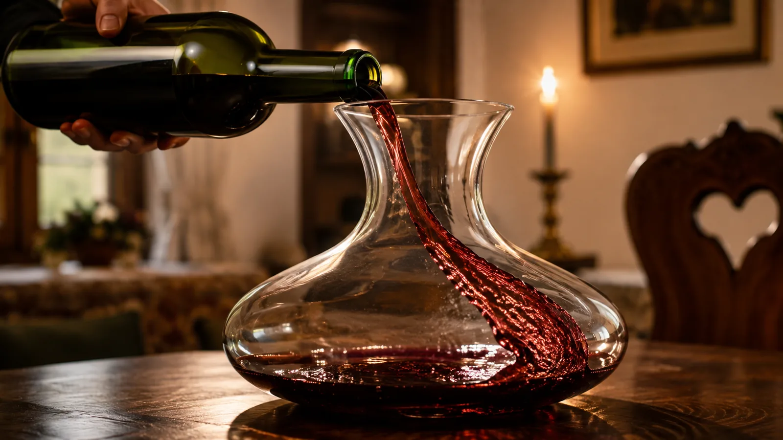 Rotwein wird aus der Flasche in eine bauchige Karaffe gegossen