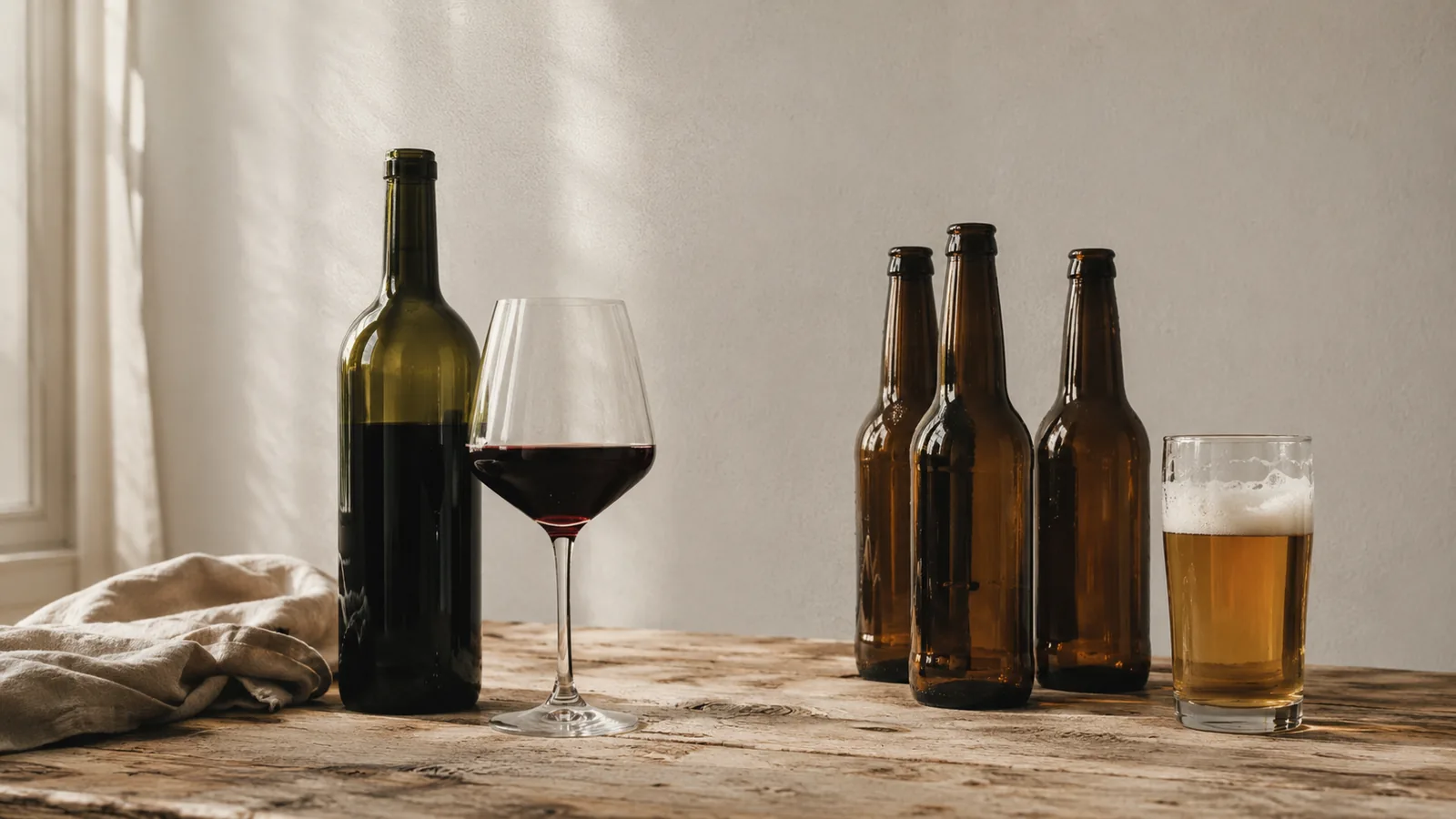 Eine 0,75-Liter-Weinflasche neben vier 0,5-Liter-Bierflaschen auf Holztisch - visualisiert die Alkohol-Äquivalenz zwischen einer Flasche Wein und etwa 3,7 Halbe Bier
